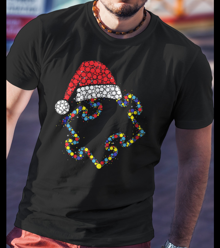 Santa Hat With Colorful Puzzle Pieces Autism Awareness T-Shirt