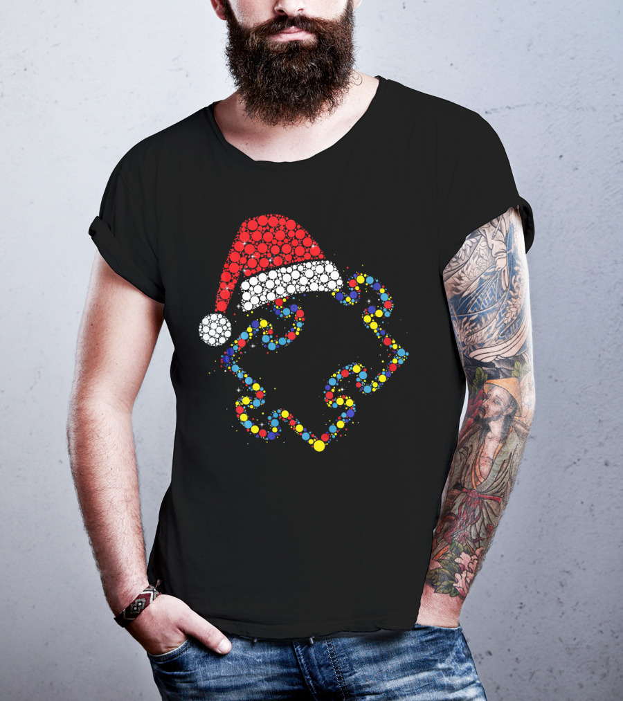 Santa Hat With Colorful Puzzle Pieces Autism Awareness T-Shirt