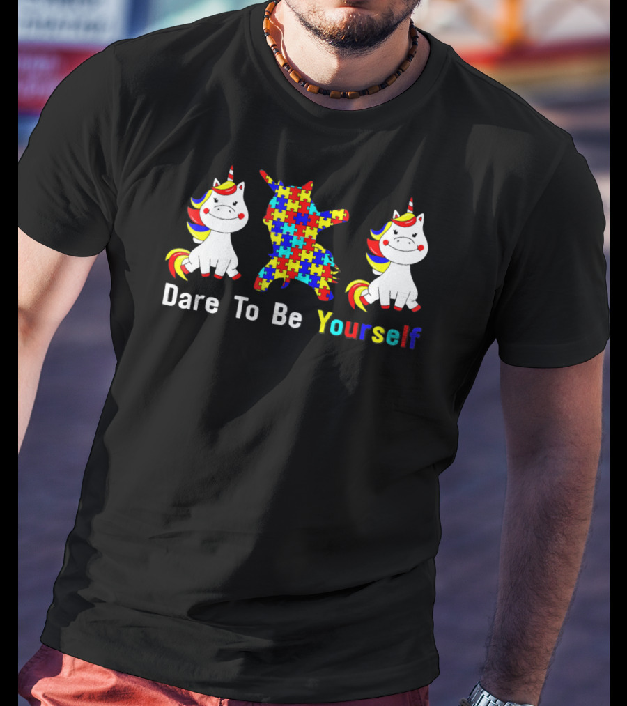 Dare To Be Yourself Autism Awareness Unicorn Puzzle Dabbing T-Shirt