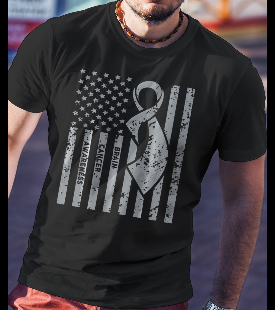 Brain Cancer Awareness Ribbon American Flag T-Shirt