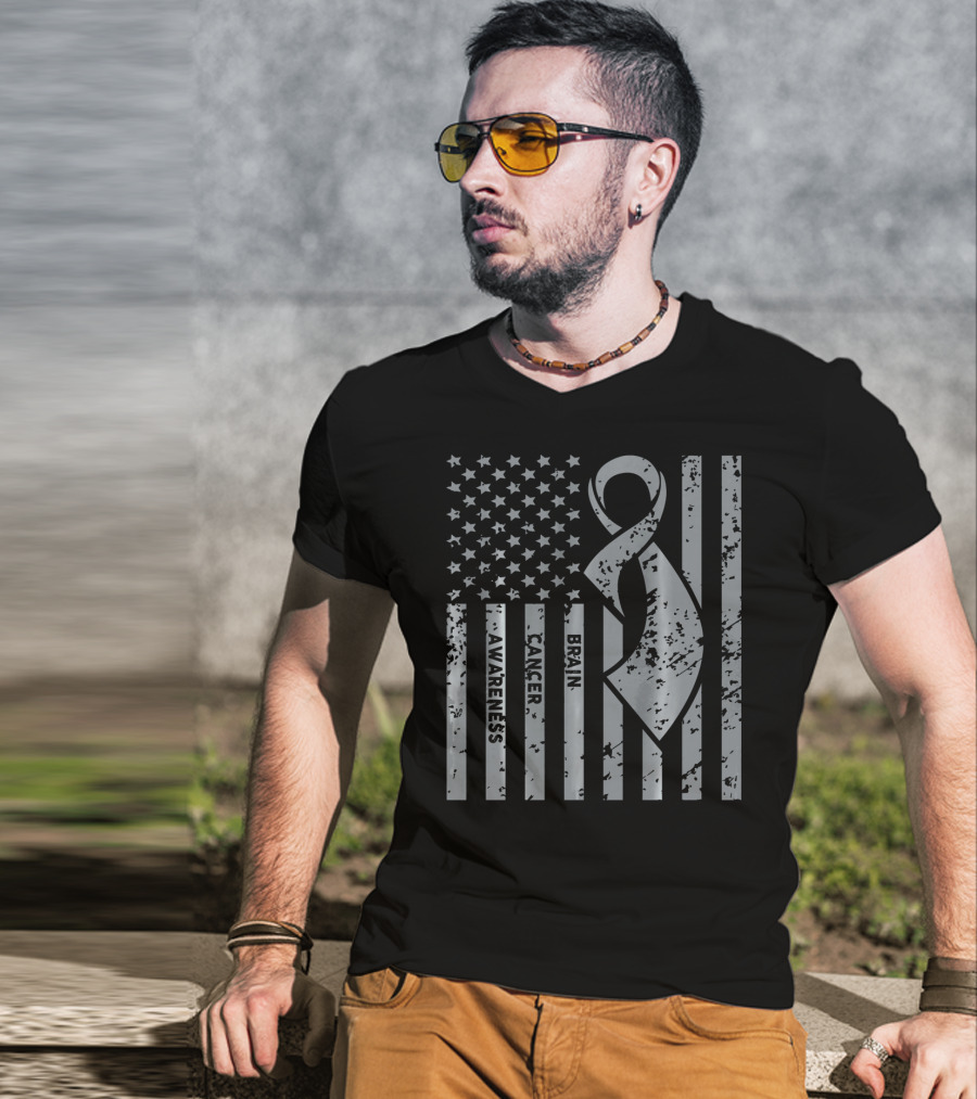 Brain Cancer Awareness Ribbon American Flag T-Shirt