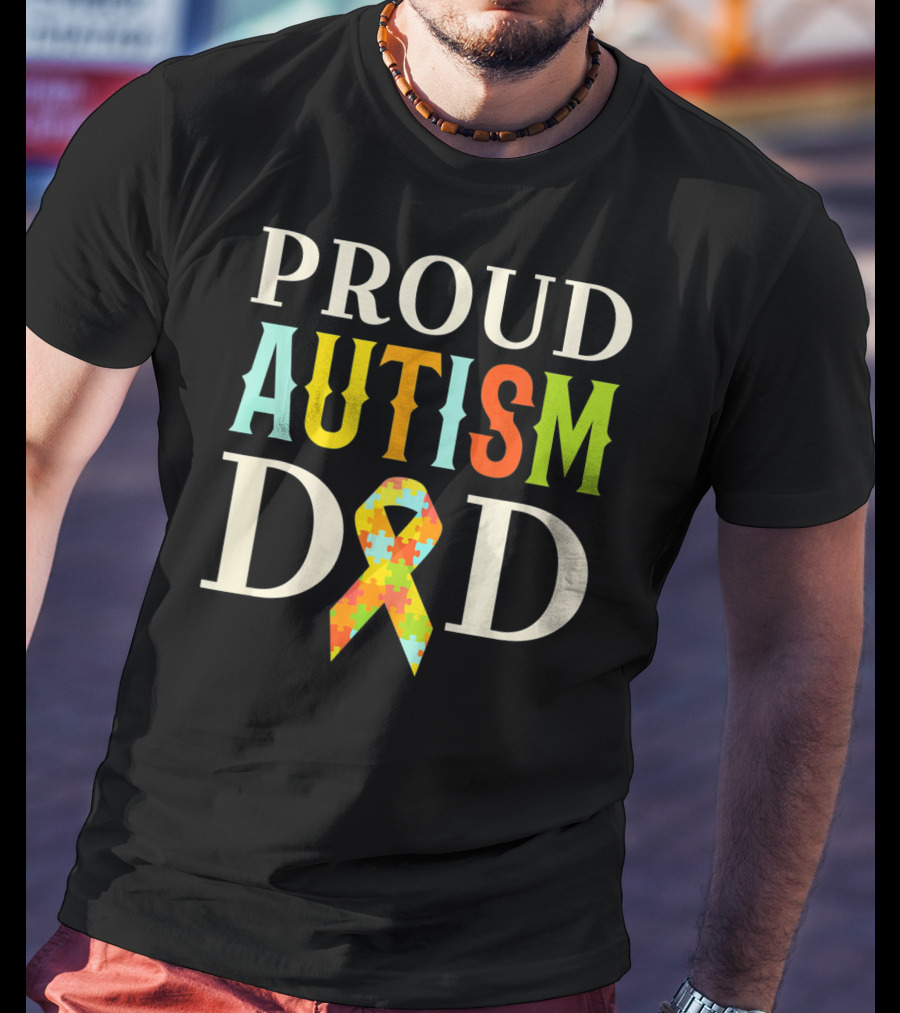 Proud Autism Dad Multicolor Puzzle Ribbon Awareness T-Shirt