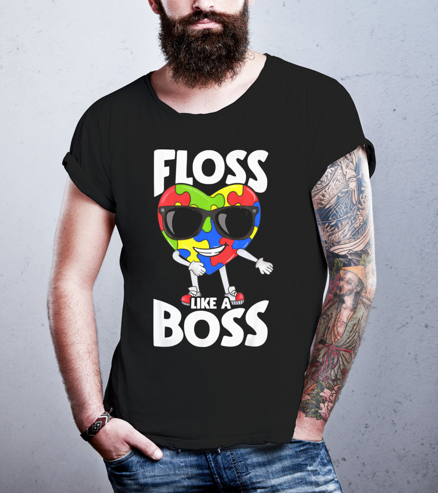 Autism Awareness Floss Like A Boss Puzzle Heart Wearing Sunglasses T-Shirt