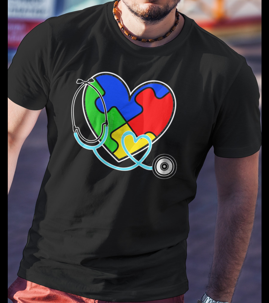 Nurses Autism Awareness Heart With Puzzle Pieces And Stethoscope T-Shirt