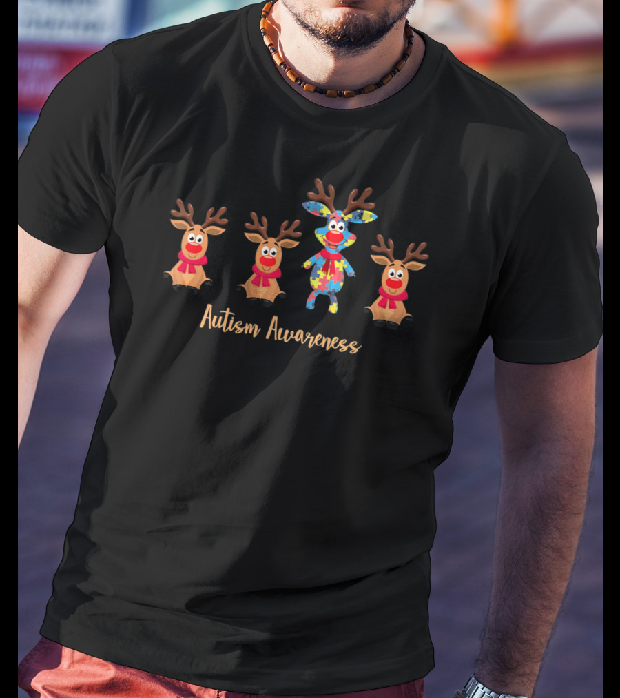 Autism Awareness Reindeer With Puzzle Pattern Symbols T-Shirt