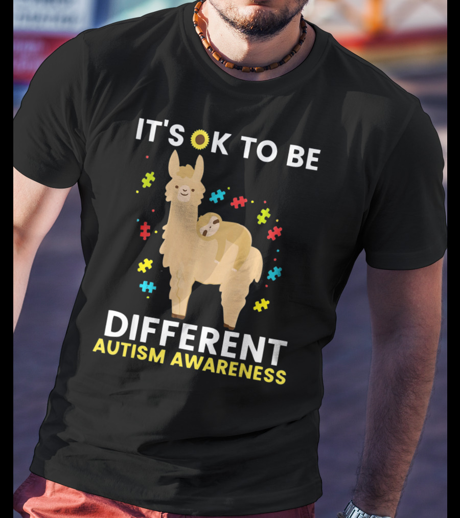 It's OK To Be Different Llama Sloth Autism Awareness T-Shirt