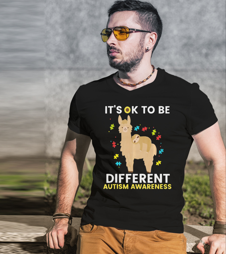 It's OK To Be Different Llama Sloth Autism Awareness T-Shirt