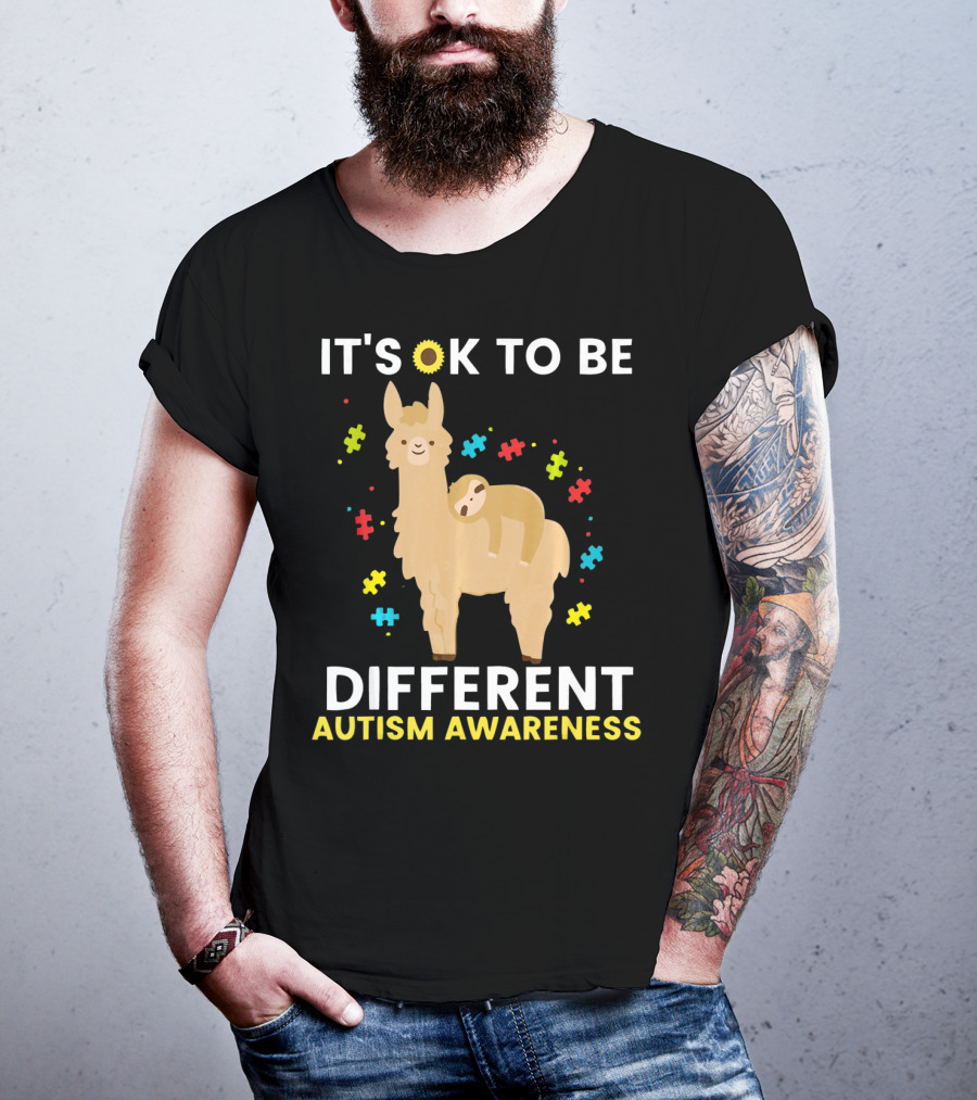 It's OK To Be Different Llama Sloth Autism Awareness T-Shirt