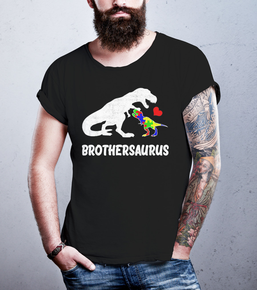 Brothersaurus Strong Dinosaur Autism Heart Puzzle T-Shirt
