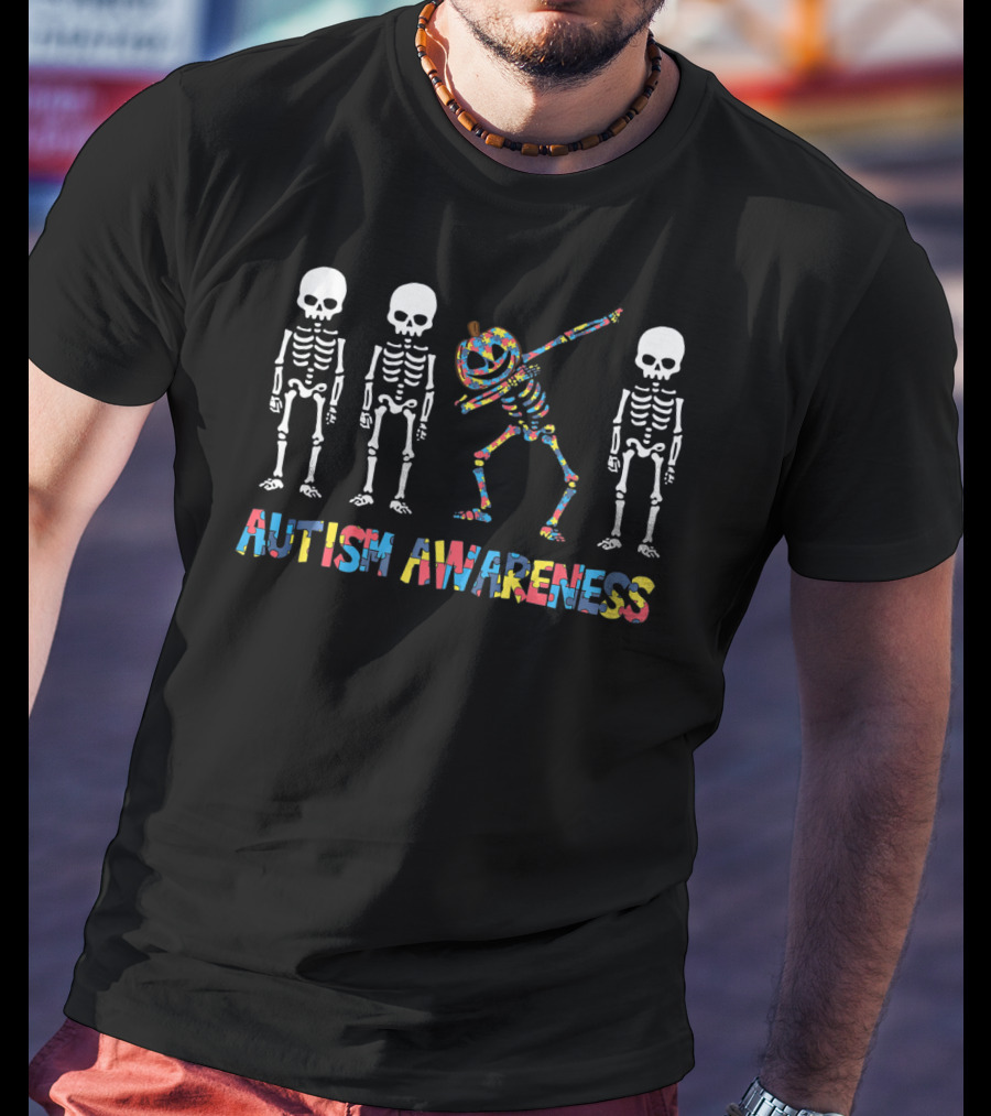 Autism Awareness Dabbing Skeleton Pumpkin T-Shirt
