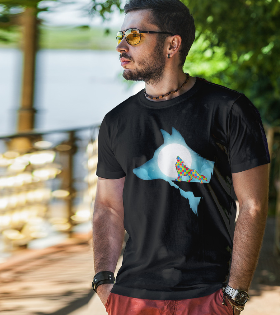 Wolf Wolf Autism Autism Awar Puzzle Wolf Moon T-Shirt