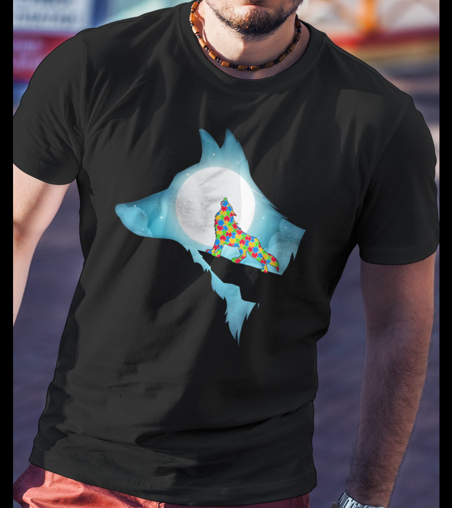Wolf Wolf Autism Autism Awar Puzzle Wolf Moon T-Shirt