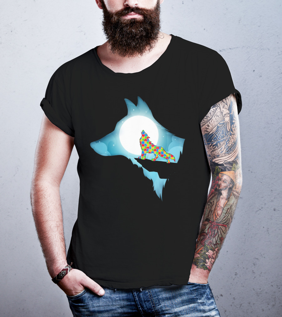 Wolf Wolf Autism Autism Awar Puzzle Wolf Moon T-Shirt