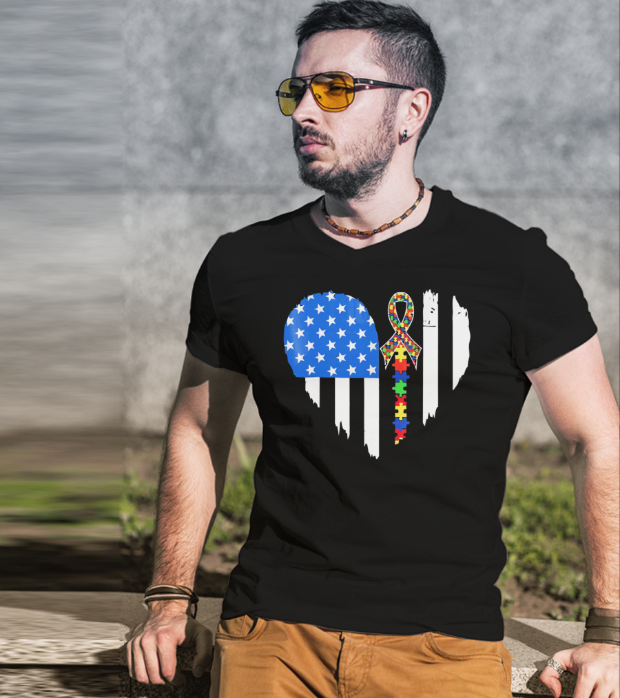 Autism Awareness Heart Shaped Flag With Puzzle Ribbon Be A Better Life T-Shirt