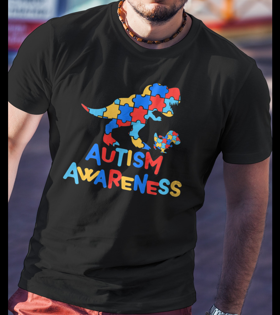 Dinosaur Puzzle Autism Awareness Colorful Piece T-Shirt