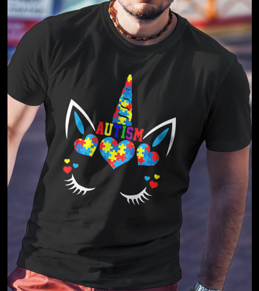 Autism Awareness Unicorn Puzzle Heart Colorful Ears T-Shirt
