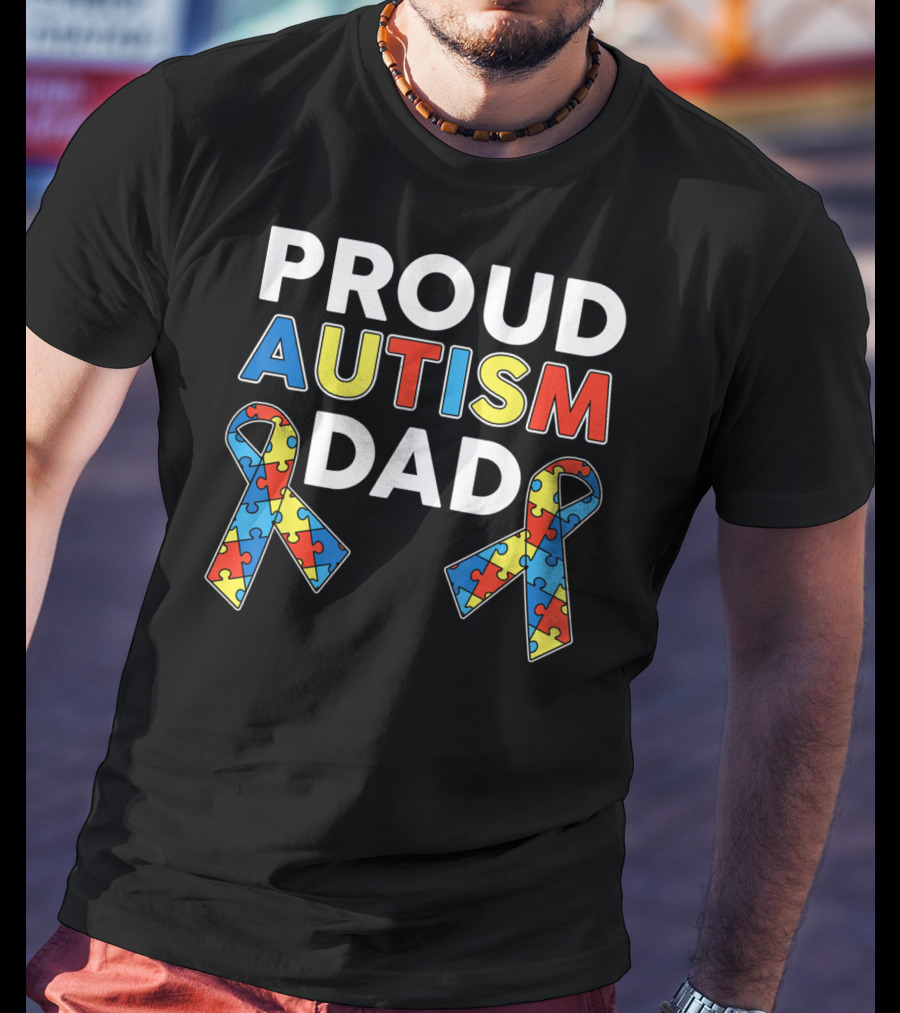 Proud Autism Dad Awareness Ribbon Puzzle T-Shirt
