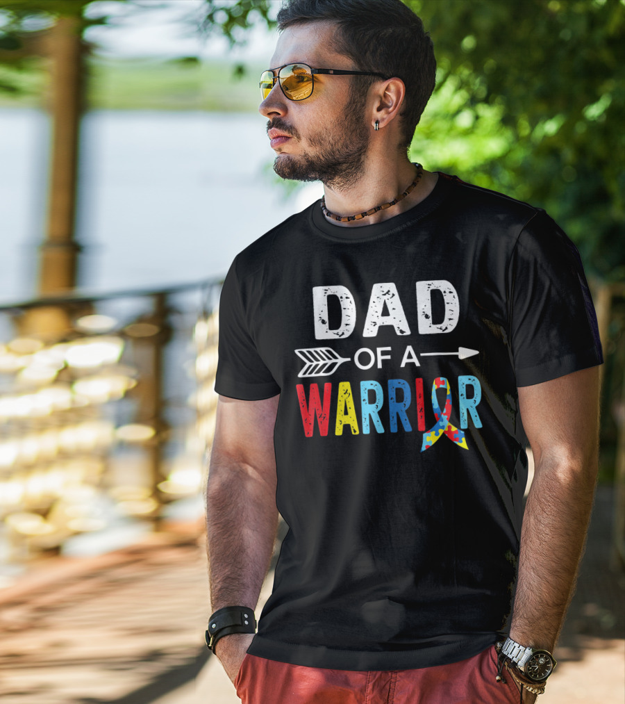 Dad Of A Warrior Autism Awareness Puzzle Ribbon Arrow T-Shirt