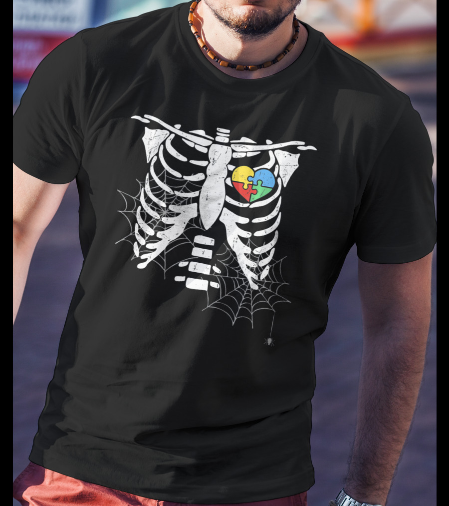 Autism Awareness Halloween Rib Cage With Heart Puzzle And Spider Webs T-Shirt