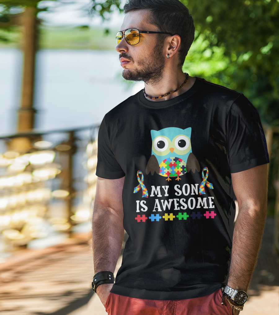 My Son Is Awesome Autism Awareness Puzzle Owl T-Shirt