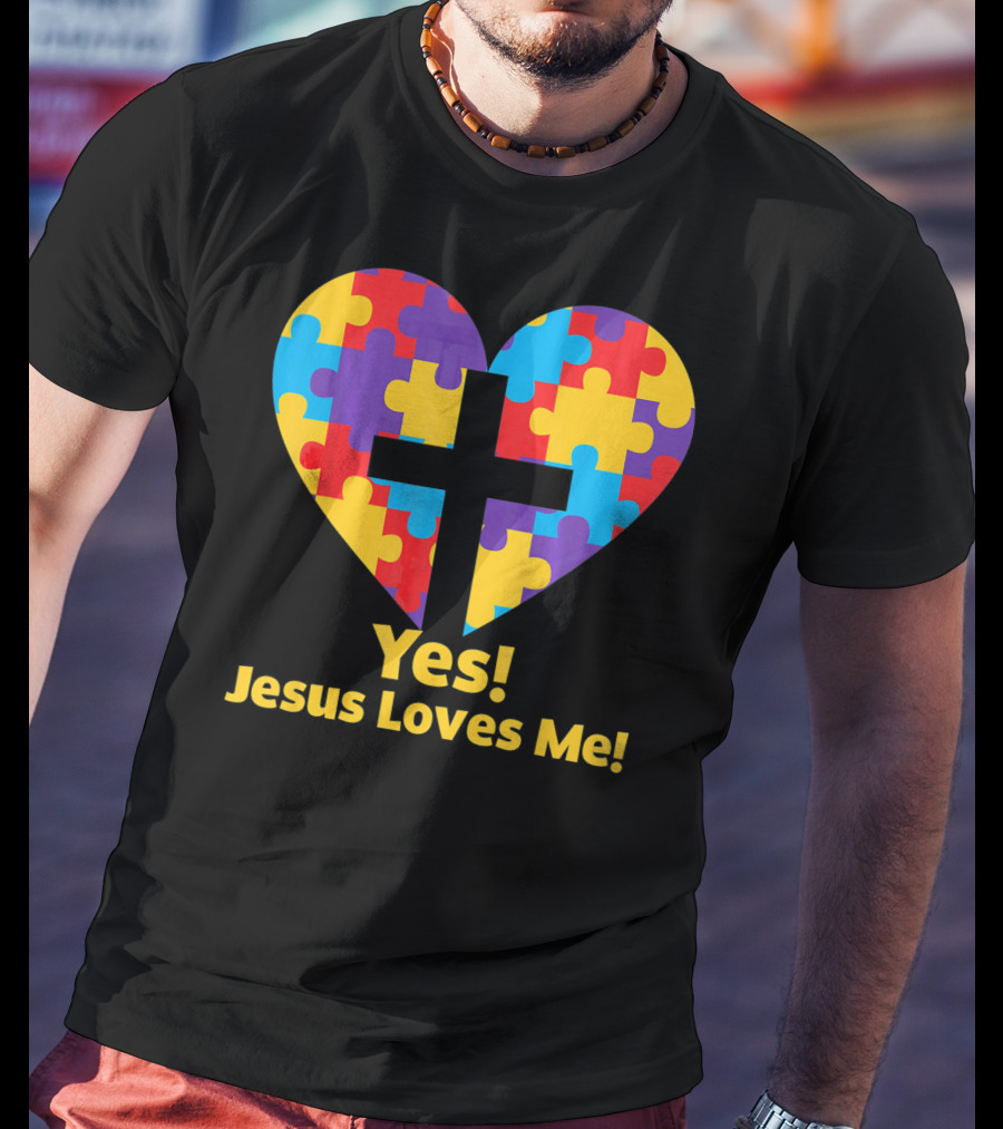 Yes Jesus Loves Me Autism Awareness Catholic Christian Cross Heart Puzzle T-Shirt