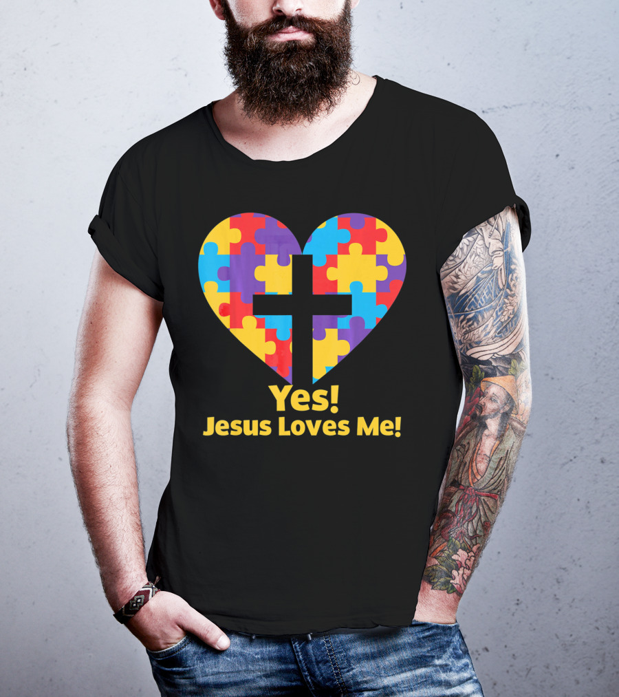 Yes Jesus Loves Me Autism Awareness Catholic Christian Cross Heart Puzzle T-Shirt