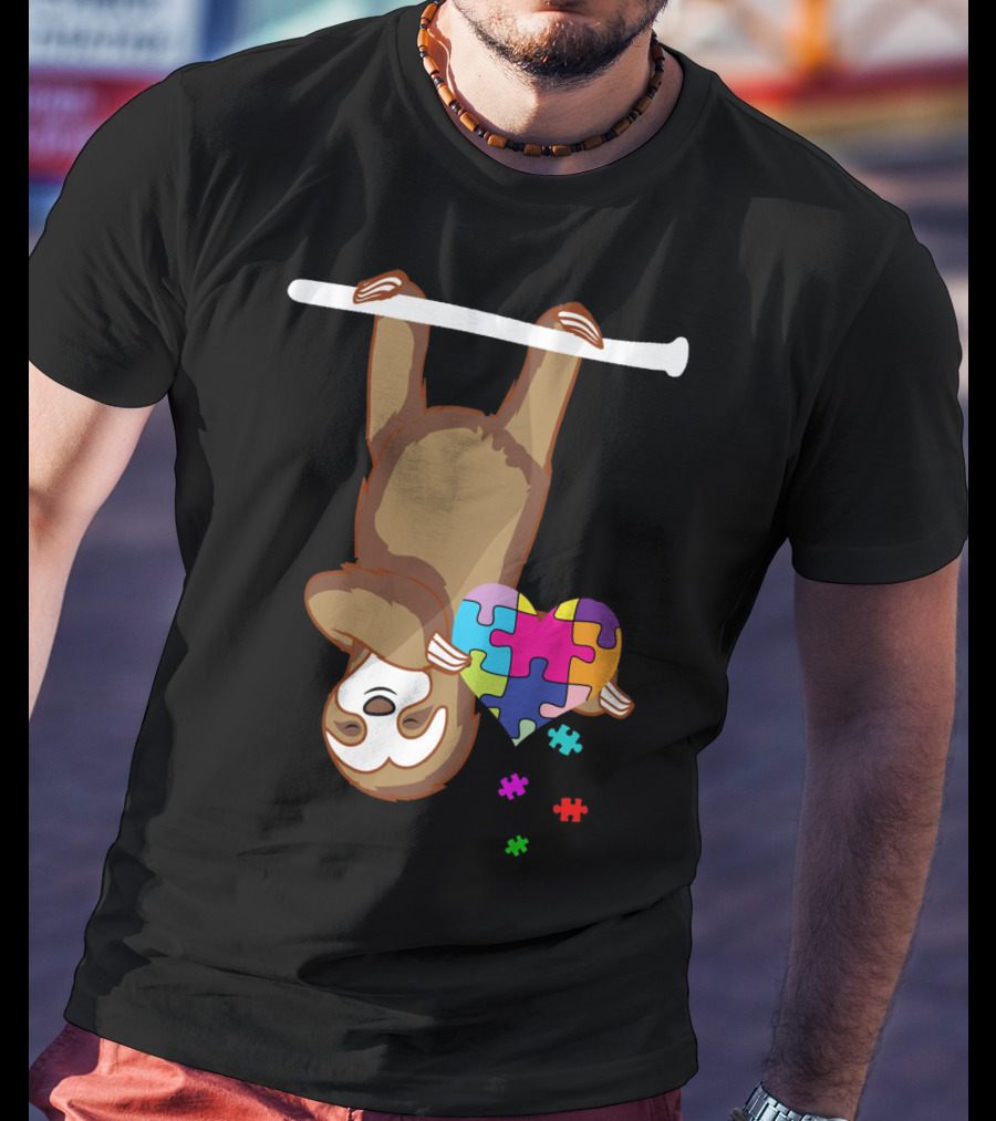 Sloth Holding Puzzle Heart Autism Awareness T-Shirt
