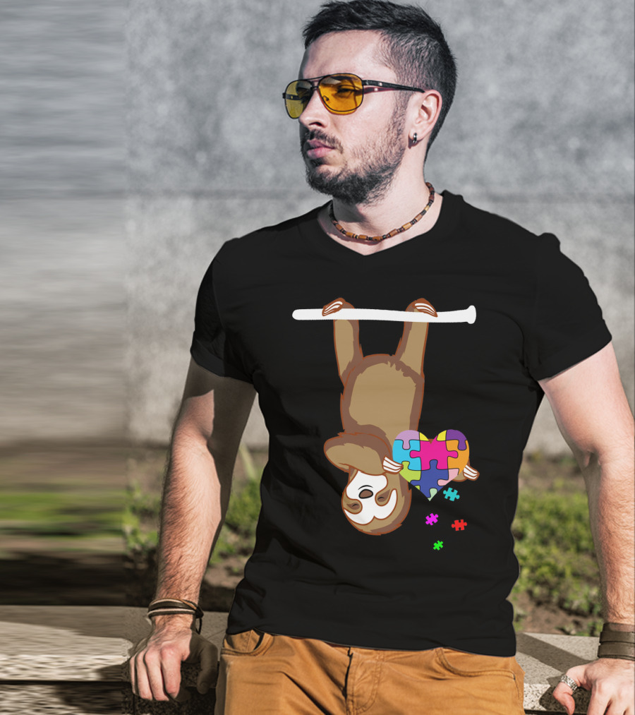 Sloth Holding Puzzle Heart Autism Awareness T-Shirt