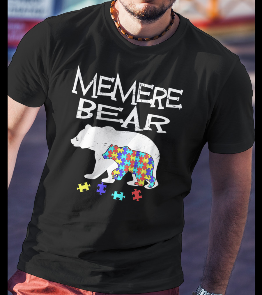 Memere Bear Autism Awareness Puzzle Pieces T-Shirt