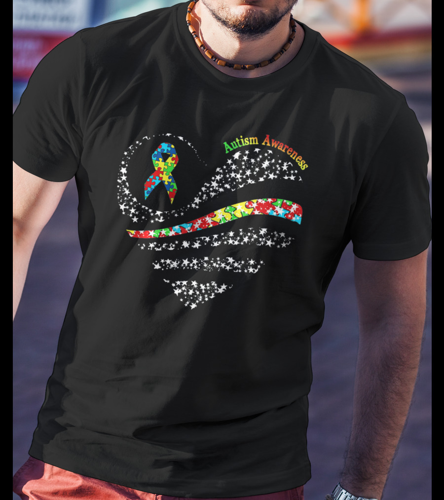 Autism Awareness Heart Puzzle Pieces Ribbon American Flag T-Shirt