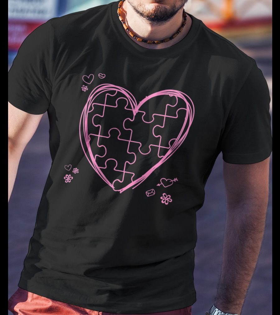 Pink Heart With Puzzle Pieces And Flowers T-Shirt