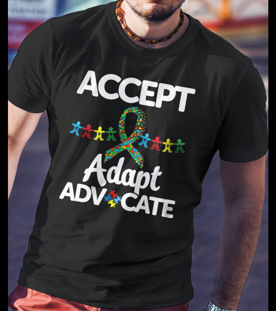 Accept Adapt Advocate Autism Awareness Puzzle Ribbon And Figures T-Shirt