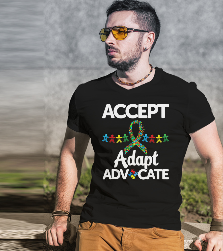 Accept Adapt Advocate Autism Awareness Puzzle Ribbon And Figures T-Shirt