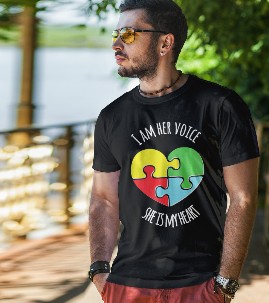 I Am Her Voice Autism Awareness She Is My Heart Puzzle Piece T-Shirt