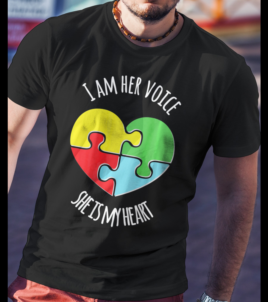 I Am Her Voice Autism Awareness She Is My Heart Puzzle Piece T-Shirt