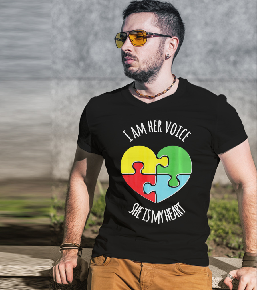 I Am Her Voice Autism Awareness She Is My Heart Puzzle Piece T-Shirt
