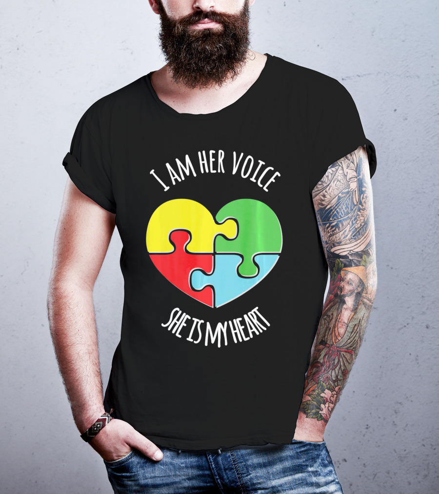 I Am Her Voice Autism Awareness She Is My Heart Puzzle Piece T-Shirt