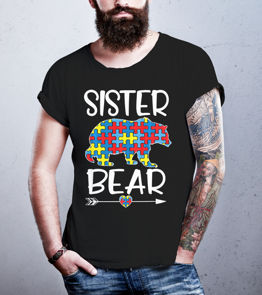 Sister Bear Autism Awareness Puzzle Heart Arrow T-Shirt