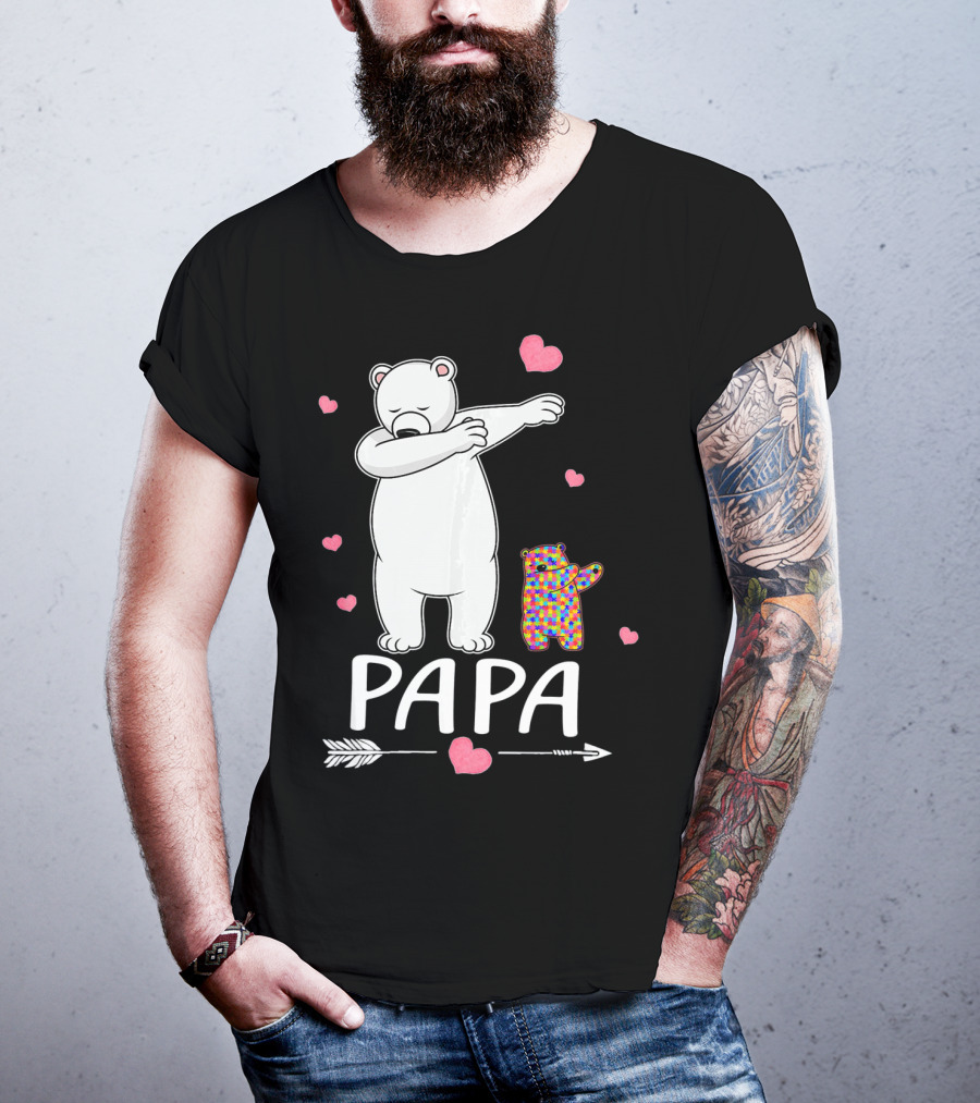 Papa Bear Dabbing With Autism Awareness Puzzle Bear And Hearts T-Shirt