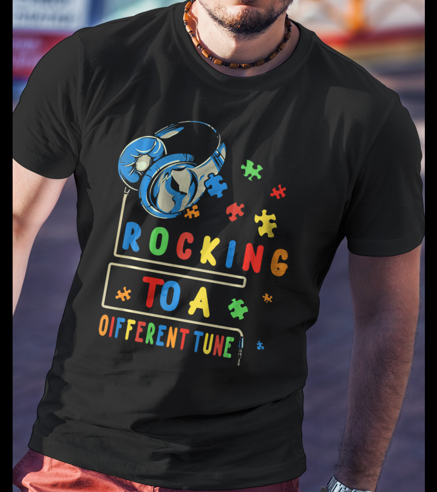 Rocking To A Different Tune Autism Awareness Headphones Puzzle Pieces T-Shirt