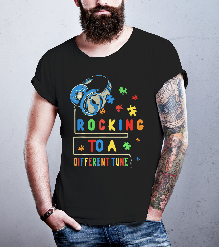 Rocking To A Different Tune Autism Awareness Headphones Puzzle Pieces T-Shirt