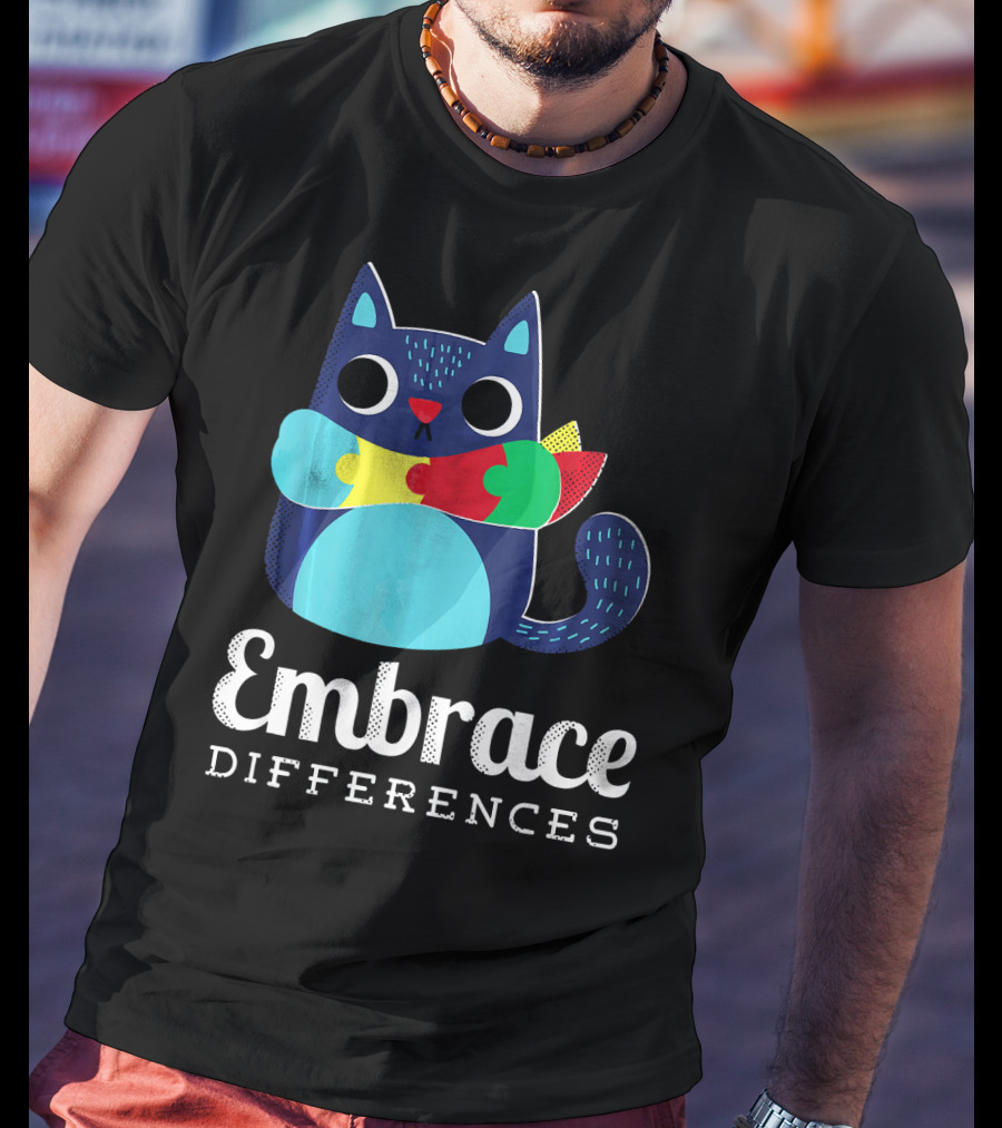 Embrace Differences Autism Support Awareness Puzzle Cat T-Shirt