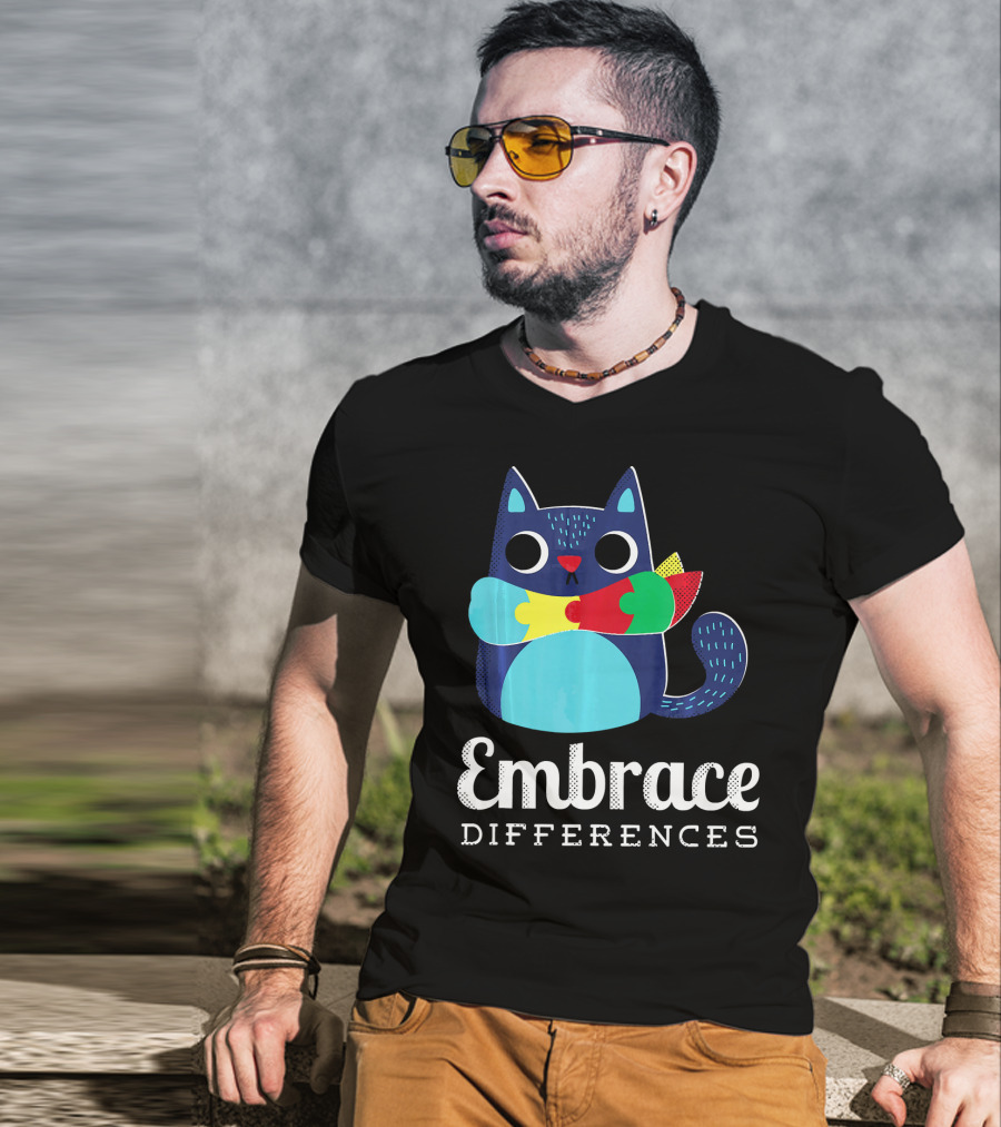 Embrace Differences Autism Support Awareness Puzzle Cat T-Shirt