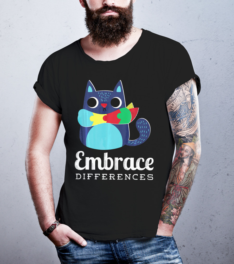 Embrace Differences Autism Support Awareness Puzzle Cat T-Shirt