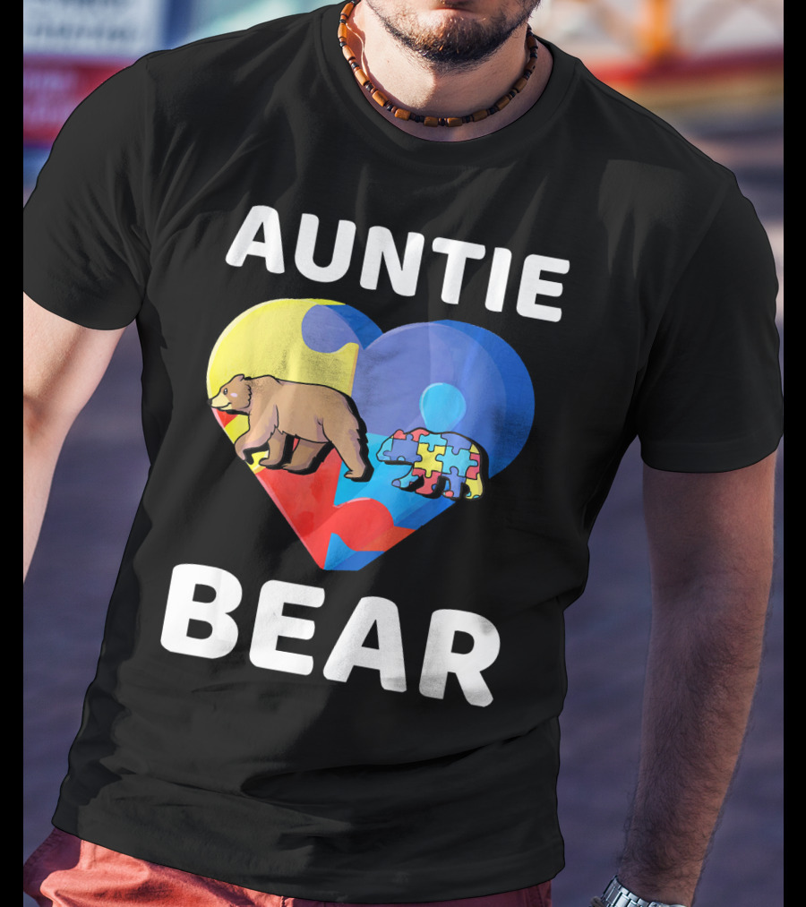 Auntie Bear Heart Puzzle Autism Awareness T-Shirt