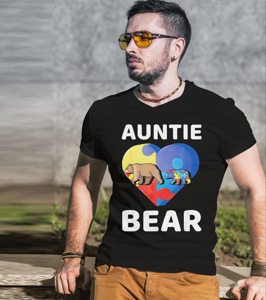 Auntie Bear Heart Puzzle Autism Awareness T-Shirt