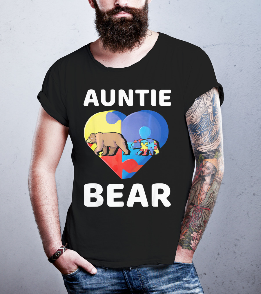 Auntie Bear Heart Puzzle Autism Awareness T-Shirt