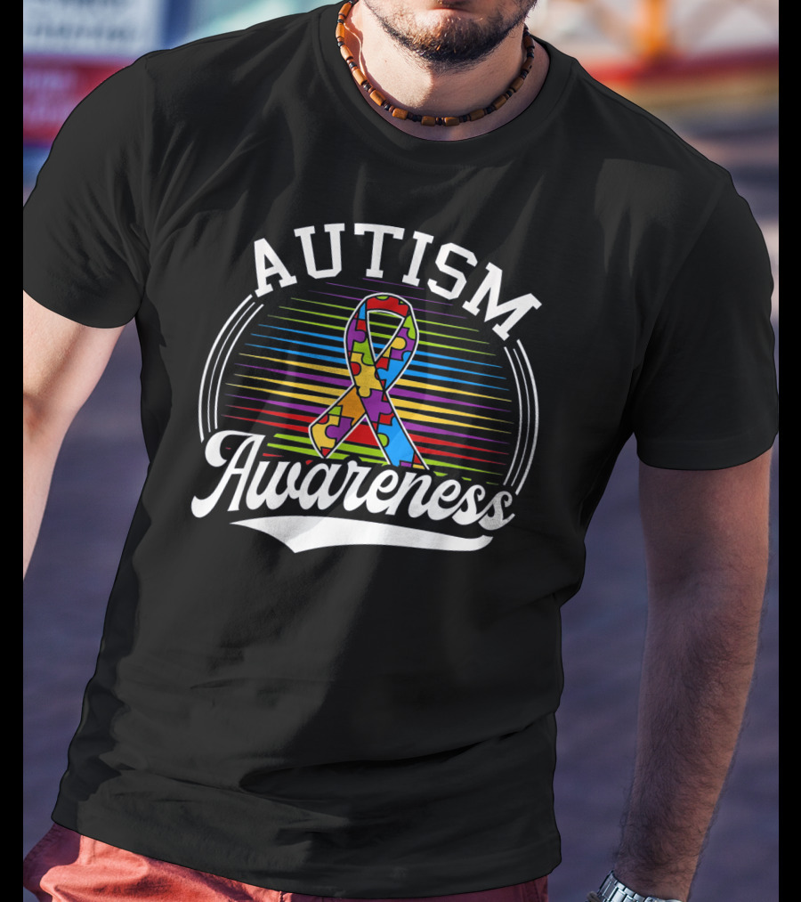 Autism Awareness Puzzle Ribbon With Colorful Lines T-Shirt