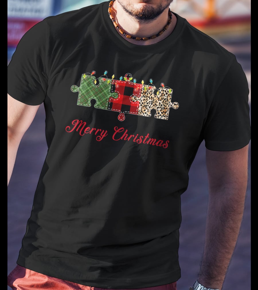 Merry Christmas Buffalo Plaid Leopard Puzzle Lights T-Shirt