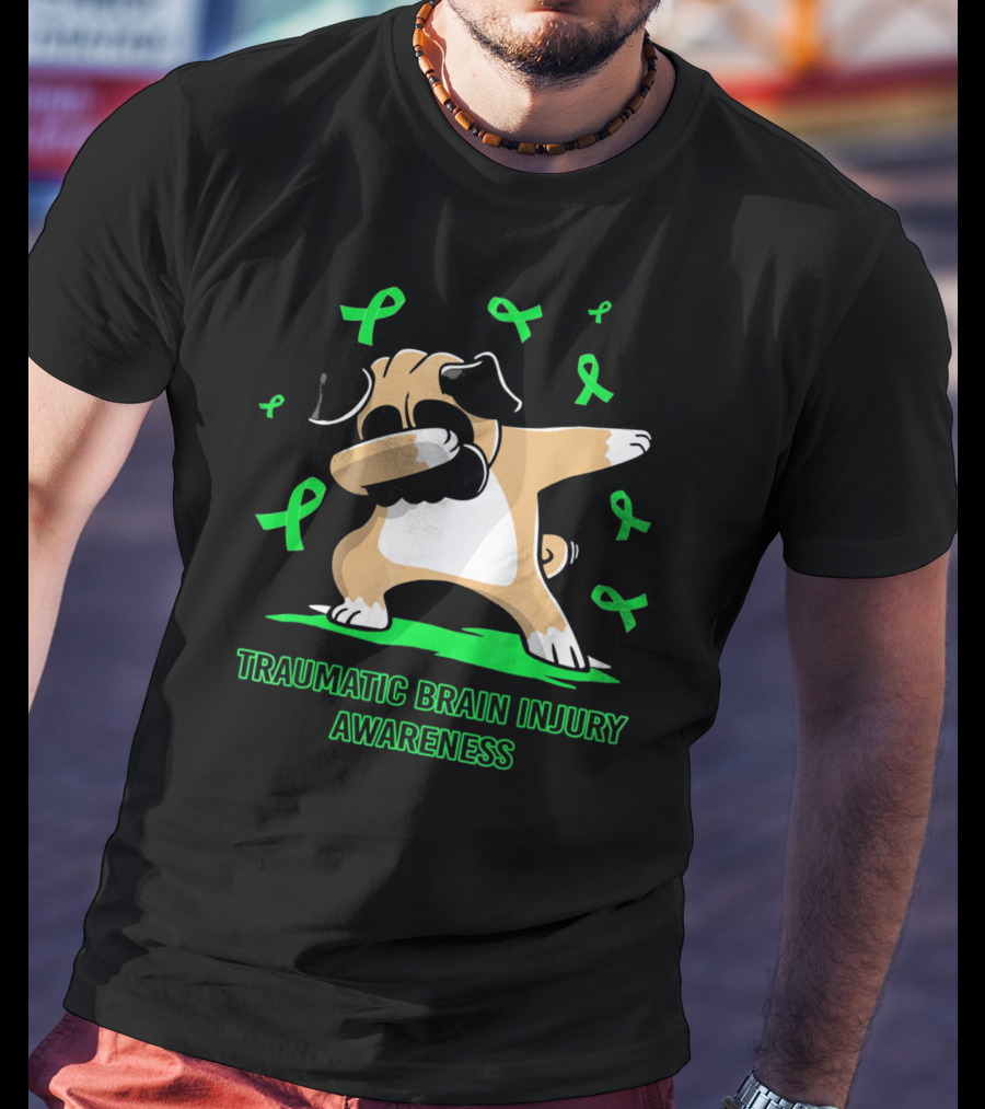 Traumatic Brain Injury Awareness Dabbing Pug Dog With Green Ribbons T-Shirt